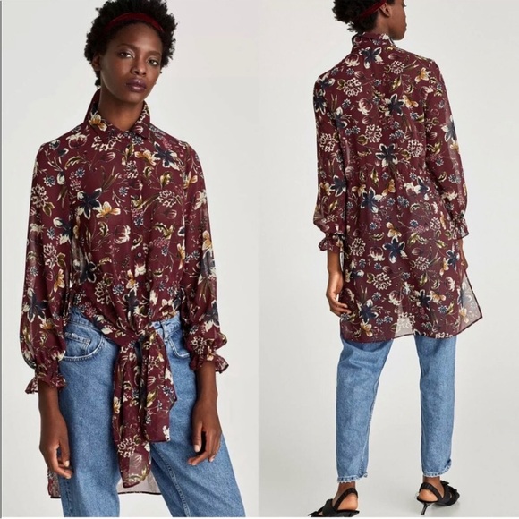 Zara Basic Maroon Floral Semi Sheer Long Cardigan Length Blouse. Size XS - Picture 1 of 16